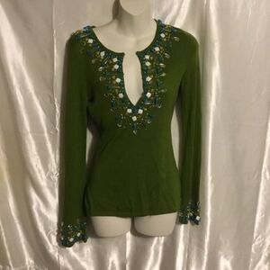 Bebe Beaded Embellished Rhinestone V-neck Silk Cashmere Long Sleeve  Shirt XS